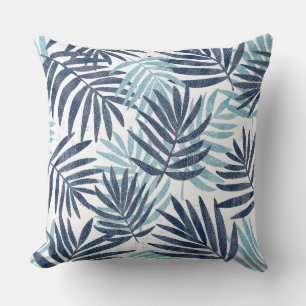 Navy Blue Aqua & White Palm Leaf Throw Pillow