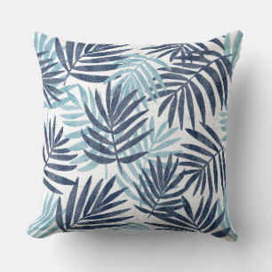 Navy Blue Aqua & White Palm Leaf Throw Pillow