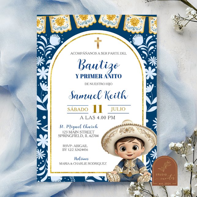 Navy Blue Arch Cielito Lindo Baptism 1st Birthday Invitation (Creator Uploaded)