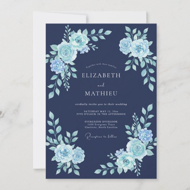 Navy Blue Arctic Floral Wedding Invitation (Front)