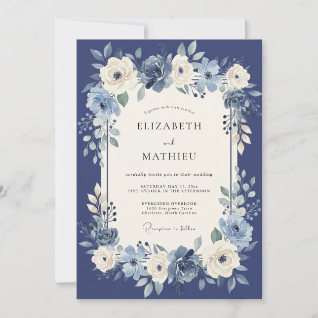 Navy Blue Aristocratic Botanical Wedding Invitation (Front)
