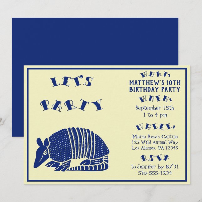 Navy Blue Armadillo Personalized Birthday Party Invitation (Front/Back)