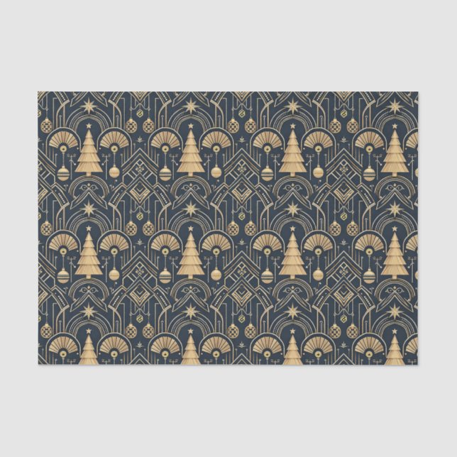 Navy Blue Art Deco Christmas Tree Pattern Tissue Paper (Front)