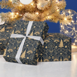 Navy Blue Art Deco Christmas Tree Pattern Wrapping Paper