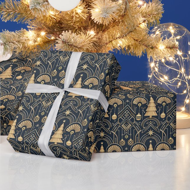 Navy Blue Art Deco Christmas Tree Pattern Wrapping Paper (Holidays)