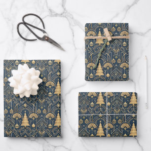 Navy Blue Art Deco Christmas Tree Pattern Wrapping Paper Sheet