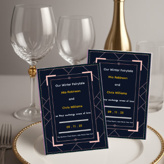 Navy Blue Art Deco Rose Gold Geometric Wedding Invitation