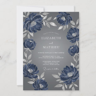 Navy Blue Artistic Bloom Wedding Invitation