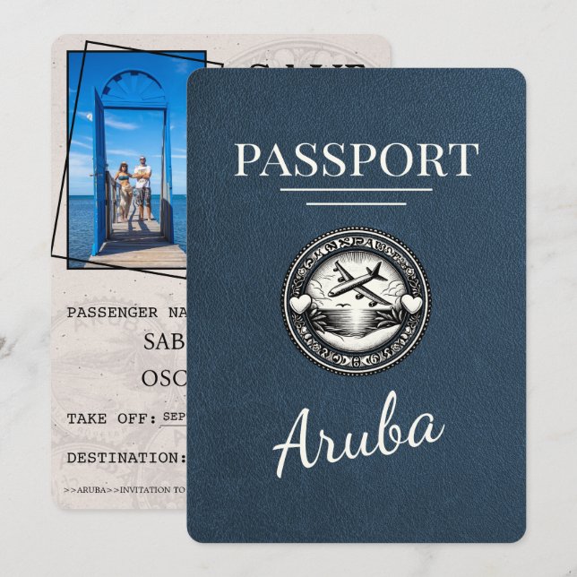 Navy Blue Aruba Passport Save The Date (Front/Back)