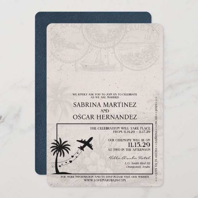Navy Blue Aruba Passport Wedding Invitation (Front/Back)