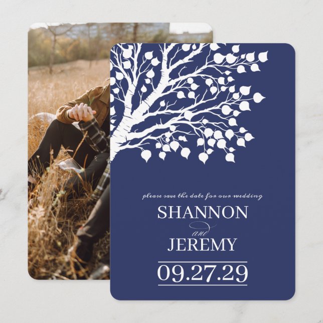 Navy Blue Aspen Tree Wedding Save The Date (Front/Back)
