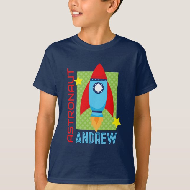 Navy Blue Astronaut Name Space Rocket Party Shirt (Front)
