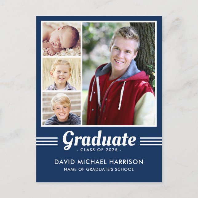 Navy Blue Athlete Multi-Photo Graduation Postcard (Front)