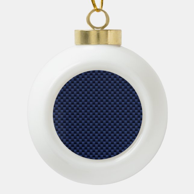 Navy Blue Automotive Carbon Fiber Weave Print Ceramic Ball Christmas Ornament (Front)