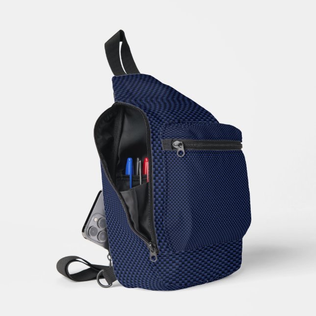 Navy Blue Automotive Carbon Fibre Weave Print Sling Bag (Open)