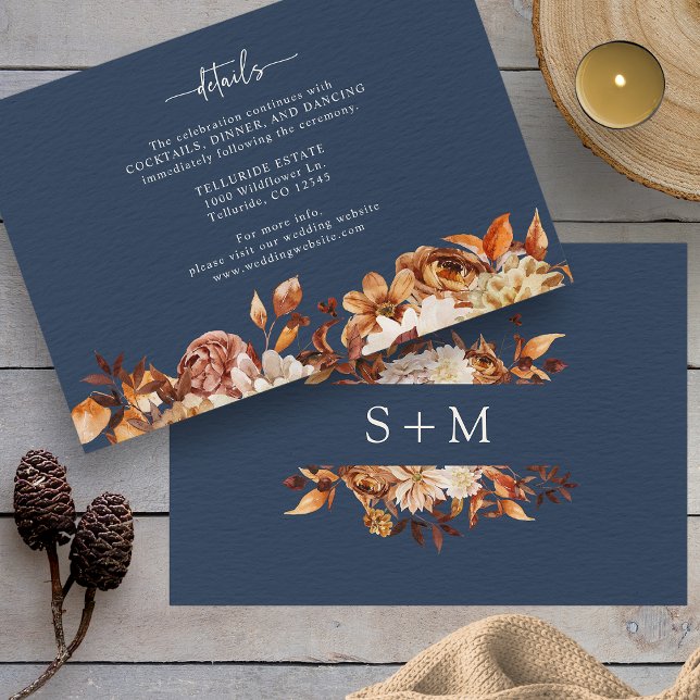 Navy Blue Autumn Details Enclosure Card (Navy Blue Autumn Details Enclosure Card Monogram on Back by Painted Paperie
)