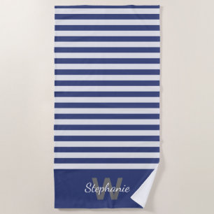 Navy blue awning stripe with personalization beach towel