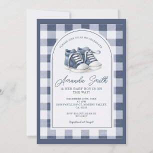 Navy Blue BabShoes Gingham Baby Shower Invitation, Invitation