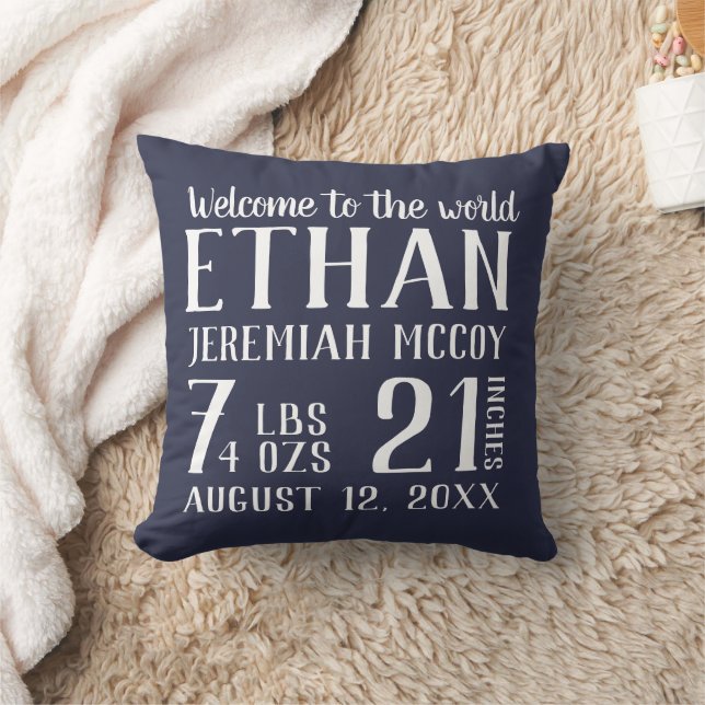Navy Blue Baby Boy Nursery Birth Stats Pillow (Blanket)