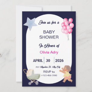 Navy Blue Baby Shower Invitation   Watercolor 