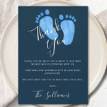 Navy Blue Baby Shower Thank You Card<br><div class="desc">Send these stylish Baby Shower Thank You Cards to family and friends.
They are decorated with modern typography and cute hand-painted watercolor baby's feet in pastel blue on a navy blue background.
Original Watercolor © Michele Davies.</div>
