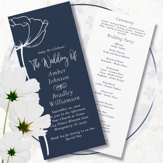 Navy Blue Background White Floral Simple Wedding  Program (Creator Uploaded)