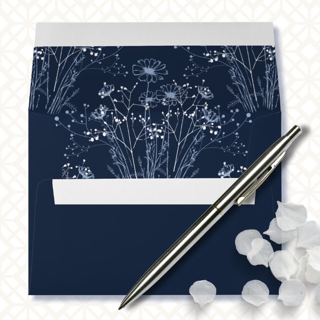 Navy Blue Background White Wildflower Wedding  Envelope (Creator Uploaded)