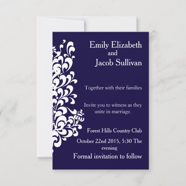 Navy Blue Background with Swirl Modern Elegant Save The Date (Front)