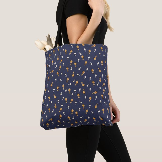 Navy Blue Bag with Tiny Cream and Yellow Flowers (Close Up)