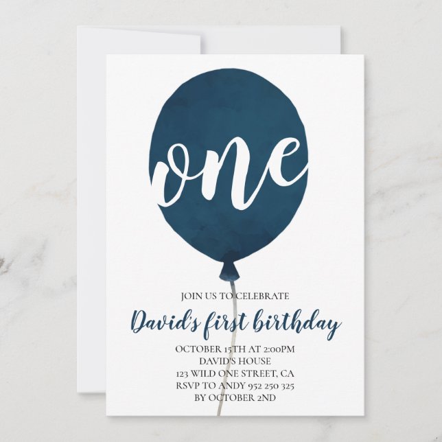 Navy Blue Balloon Boy First Birthday Invitation (Front)
