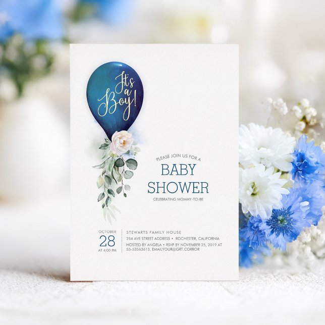 Navy Blue Balloon It's a Boy Baby Shower (Gold Foil Navy Blue Baby Shower Invitation)
