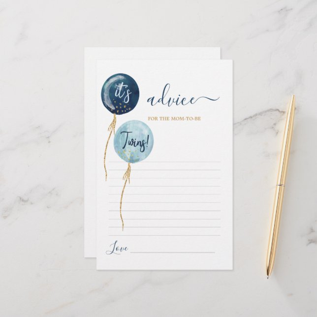 Navy Blue balloons twins Advice for Mom To Be card (Front/Back In Situ)