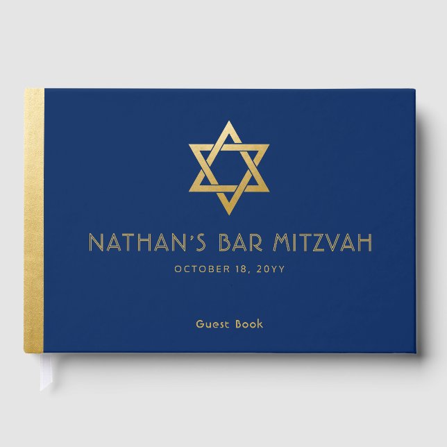 Navy Blue Bar Mitzvah Gold Star of David Custom Guest Book (Front)