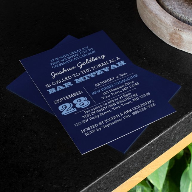 Navy Blue Bar Mitzvah Invitation avec nom Logo (Créateur téléchargé)