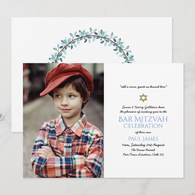 Navy Blue Bar Mitzvah Invitations Elegant Floral (Front/Back)