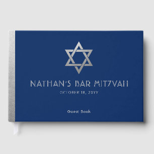 Navy Blue Bar Mitzvah Silver Star of David Custom Guest Book