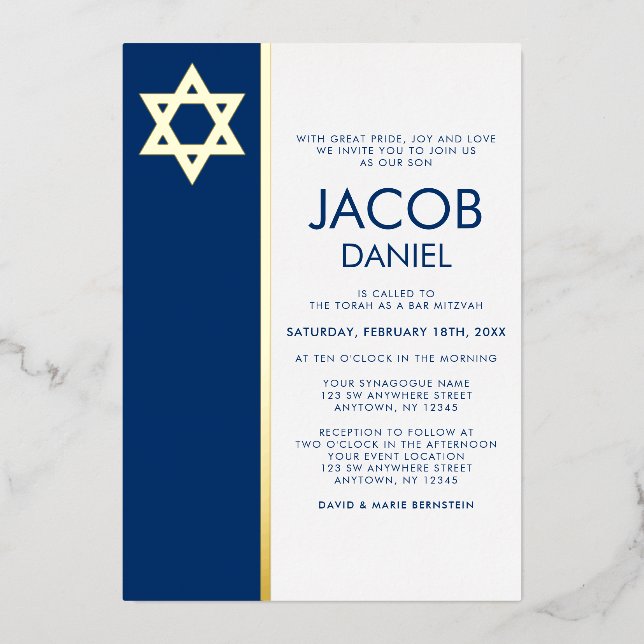 Navy Blue Bar Mitzvah Star of David Gold (Front)