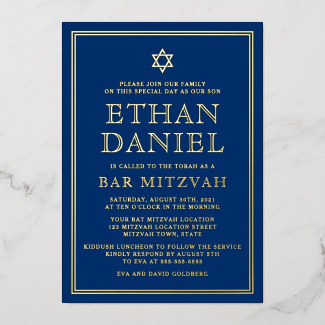 Navy blue bar mitzvah Star of David gold or silver (Front)