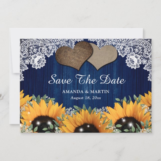 Navy Blue Barn and Sunflower Save The Date Cards (Front)