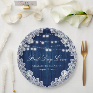 Navy Blue Barn Wood Lace String Lights Wedding Paper Plate