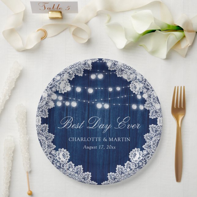 Navy Blue Barn Wood Lace String Lights Wedding Paper Plate (Wedding)