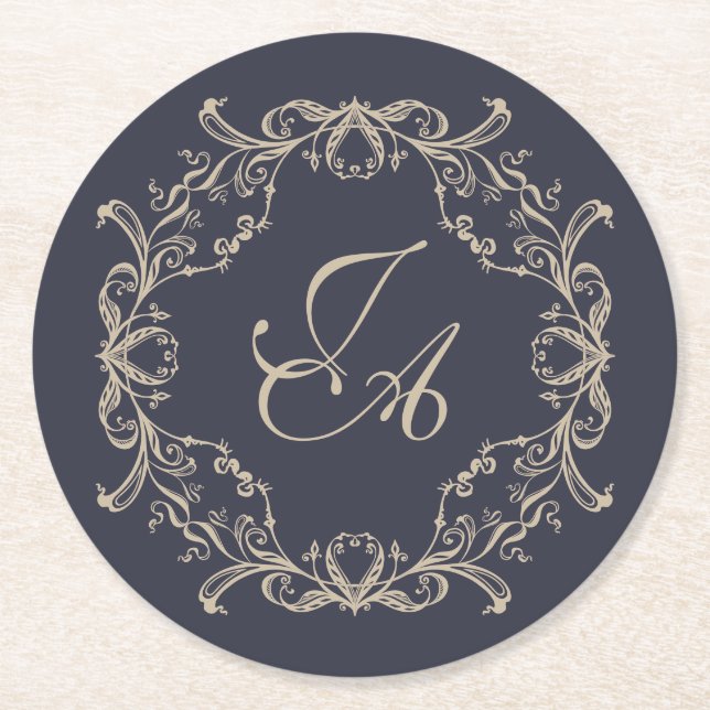 Navy Blue Baroque Monogram Wedding Coaster (Front)