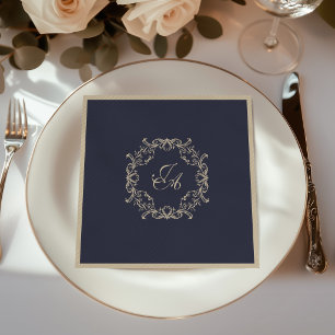 Navy Blue Baroque Monogram Wedding Napkins