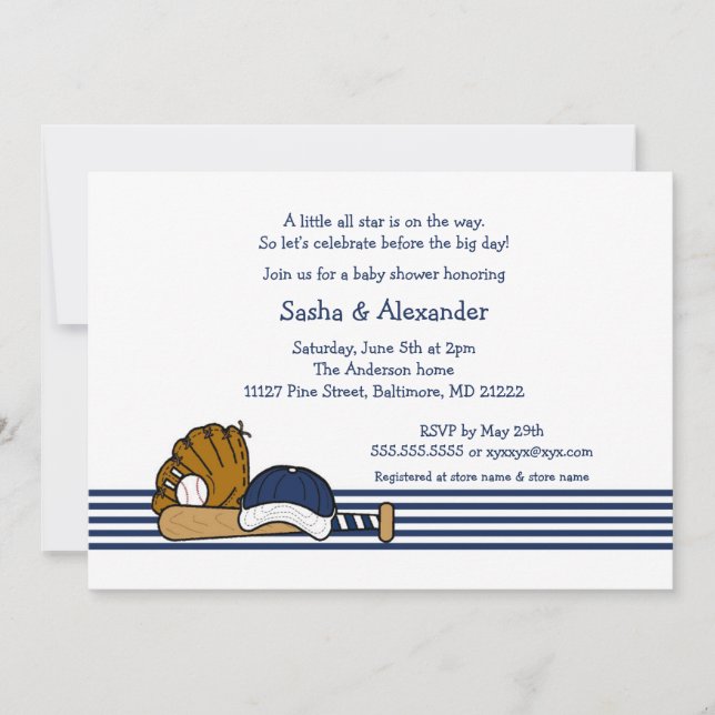 Navy Blue Baseball baby shower birthday party Invitation (Front)