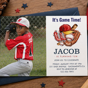 Navy Blue Baseball Kids Birthday Party Watercolor Invitation