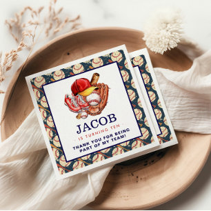 Navy Blue Baseball Kids Birthday Party Watercolor Napkin