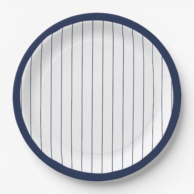 Navy Blue Baseball Pinstripe Birthday Party Paper Plate (Front)