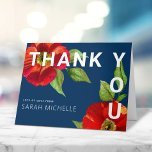 Navy Blue Bat Mitzvah Modern Red Floral Watercolor Thank You Card<br><div class="desc">Make sure your favourite Bat Mitzvah shows her appreciation to all who supported her milestone event! Send out this sophisticated, personalized invitation! A chic, stunning, floral watercolor with modern san serif type overlays a navy blue background. Personalize the custom text with your Bat Mitzvah’s name. Guaranteed to add a stylish...</div>