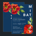 Navy Blue Bat Mitzvah Red Floral Modern Watercolor Invitation<br><div class="desc">Be proud, rejoice and showcase this milestone of your favourite Bat Mitzvah with this sophisticated, personalized invitation! A chic, stunning, red floral watercolor with modern san serif type overlays a navy blue background. Personalize the custom text with your Bat Mitzvah’s name, date, and venue information. Guaranteed to add stylish fun...</div>