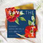 Navy Blue Bat Mitzvah Red Floral Watercolor Square Save The Date<br><div class="desc">Make sure all your friends and relatives will be able to celebrate your daughter’s milestone Bat Mitzvah! Send out this chic, stunning, red floral watercolor with modern san serif type against a navy blue background, personalized “Save the Date” announcement card. Faux gold foil, red floral watercolor and a white Star...</div>